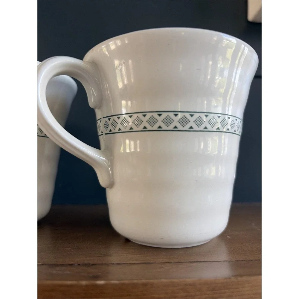 VTG 90s/2000s IKEA Coffee‎ Mugs Set of 2 White Green Geometric Band Ceramic Cups